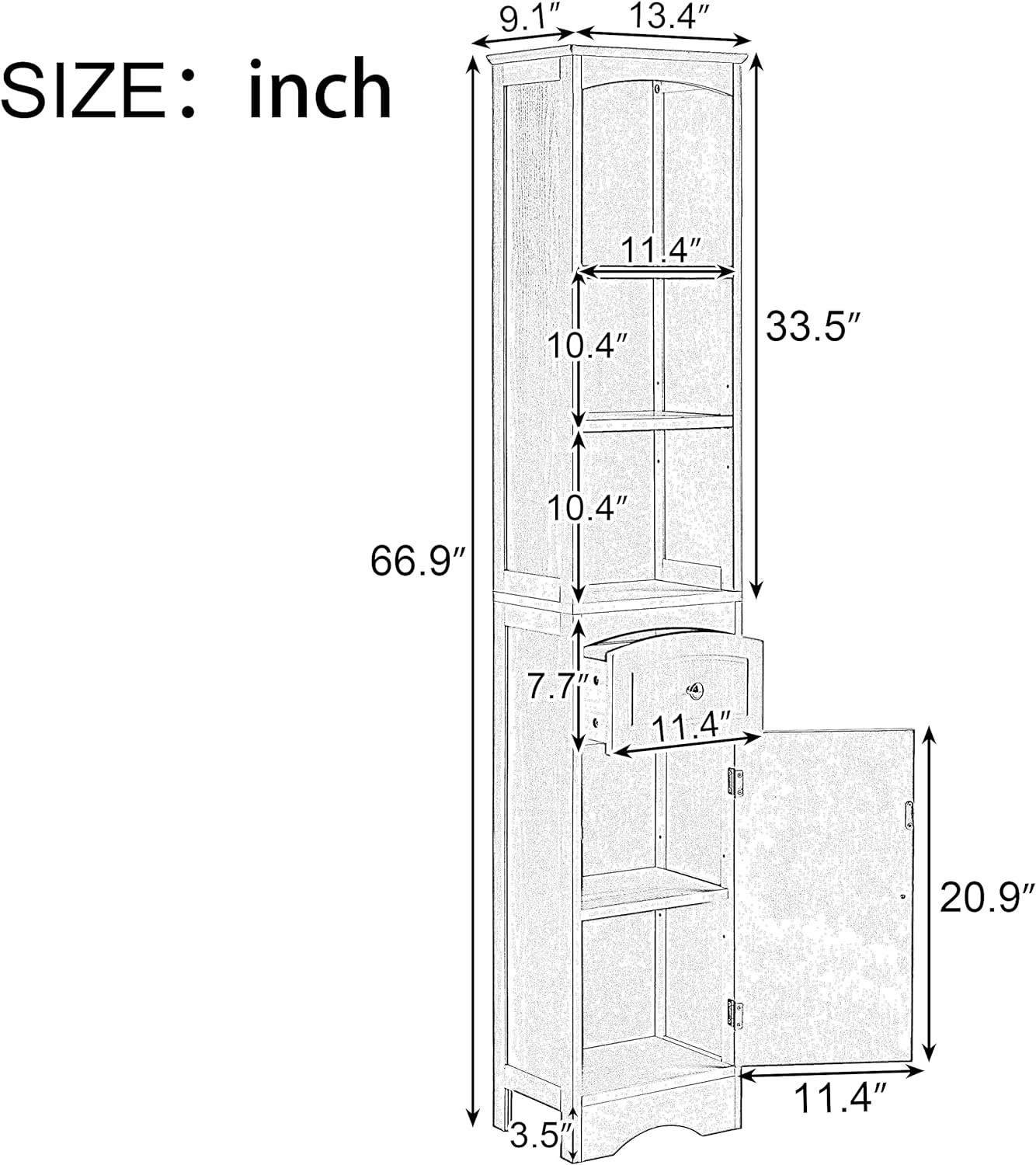 Grey Tall Slim Bathroom Storage Cabinet with 3-Tier Adjustable Shelf and 1 Drawer S365