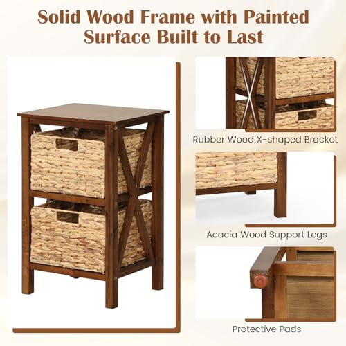 2-Tier Nightstand with Wicker Baskets Set of 2, Walnut U37222