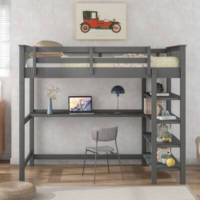 Twin Loft Bed with Bookcase and Built-in-Desk U80368