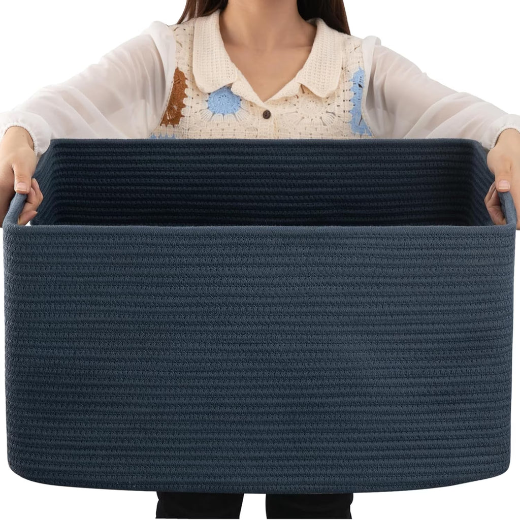 75L Large Woven Cotton Rope Blanket Storage Basket with Handle T4989