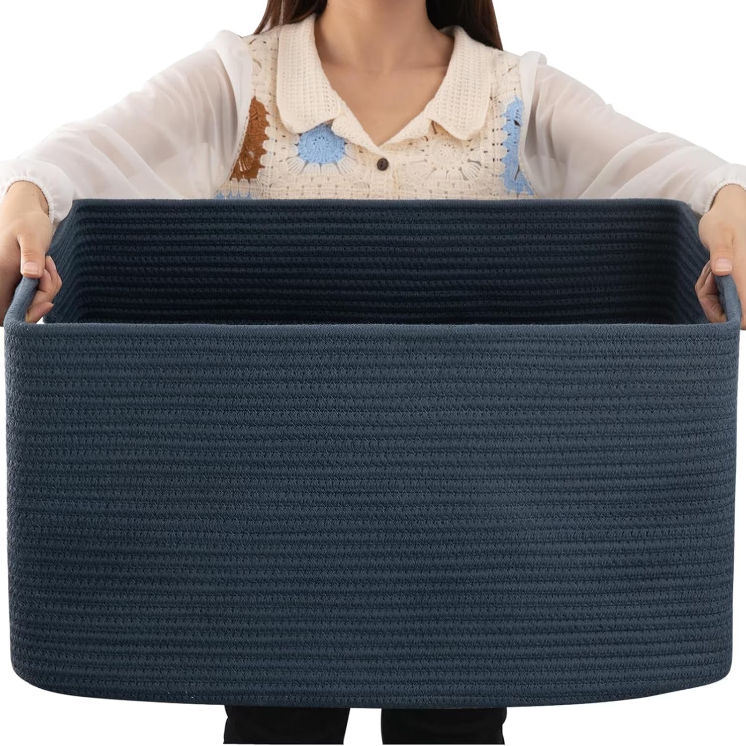75L Large Woven Cotton Rope Blanket Storage Basket with Handle T4989