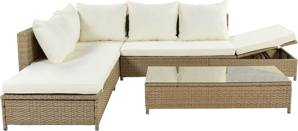3-Piece PE Rattan Wicker Sectional Sofa Set with Tempered Glass Table H74050