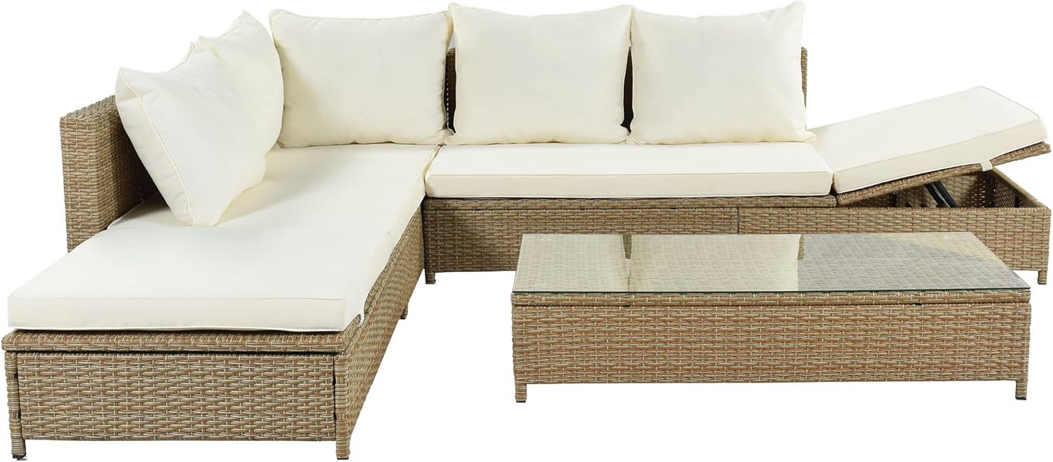 3-Piece PE Rattan Wicker Sectional Sofa Set with Tempered Glass Table H74050