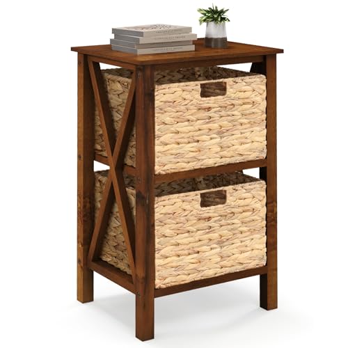 2-Tier Nightstand with Wicker Baskets Set of 2, Walnut U37222