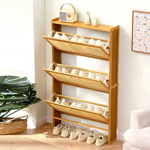 3 Layer Bamboo Shoe Cabinet with Rattan Doors S71420