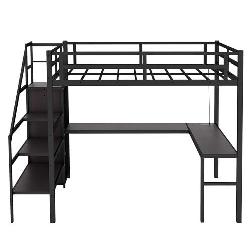Black Full Size Gaming Loft Bed with Desk and Shelves P77710
