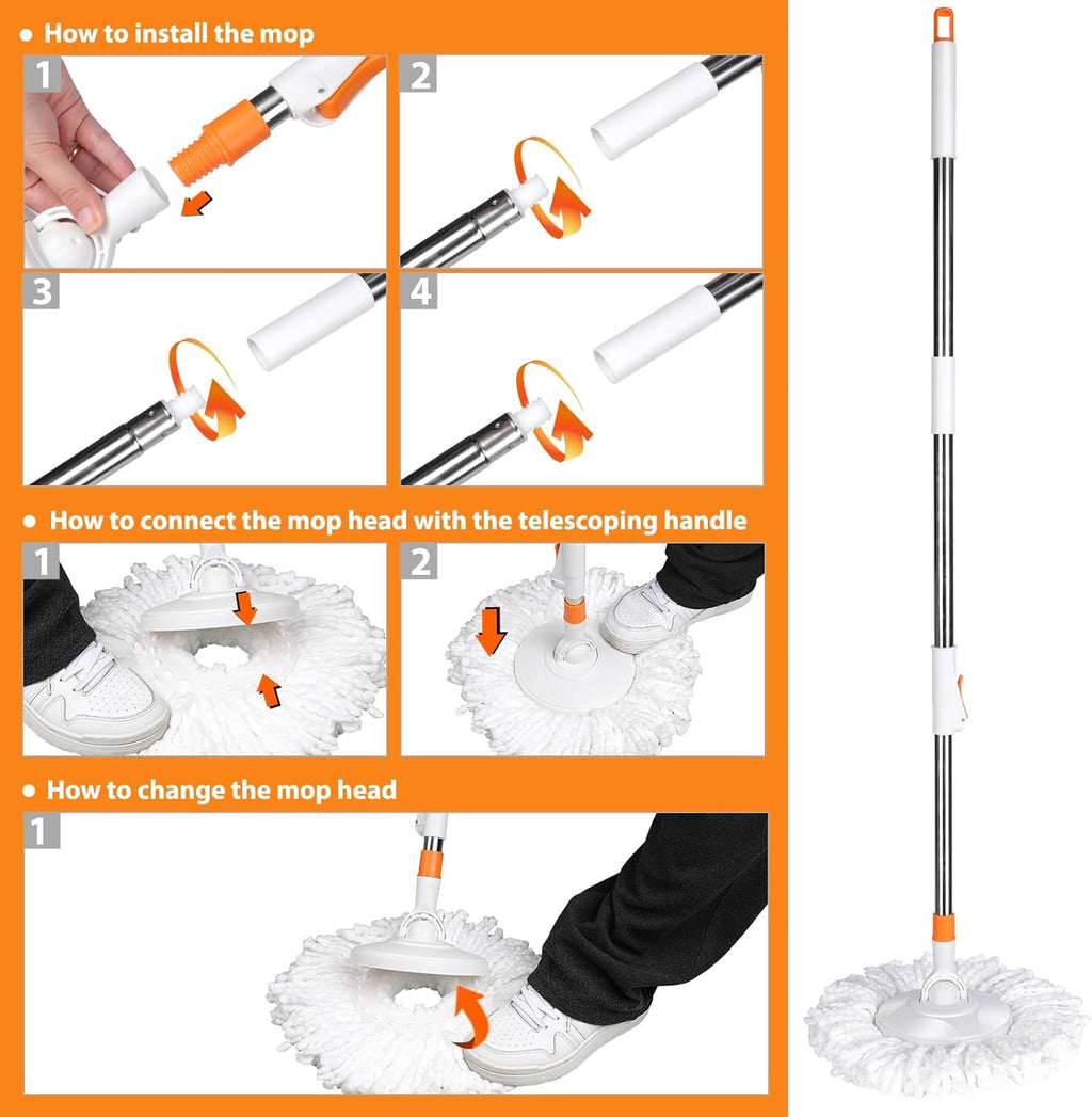 Spin Mop and Bucket with Wringer Set, 57" Adjustable Handle, Stainless Steel Bucket with 2 Wheels, 6 Microfiber Mop Pads L356601