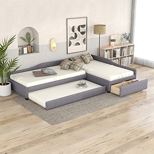 L Shaped Upholstered Double Size Daybed with Trundle and Storage Drawer, Gray Y462