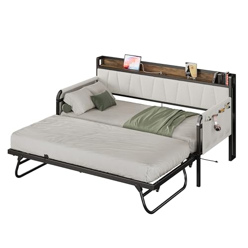 Grey Twin Daybed with Trundle Bed and Storage Headboard W66533