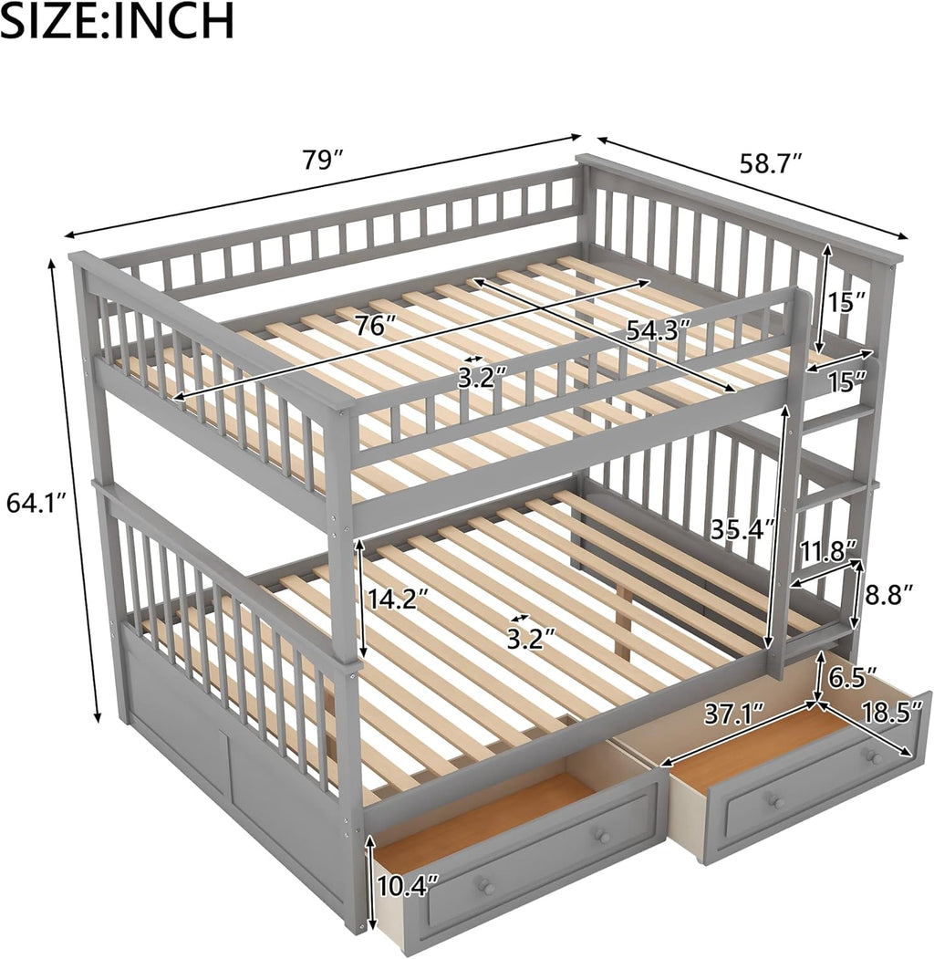 Gray Wood Full Over Full Bunk Bed with Drawers N328