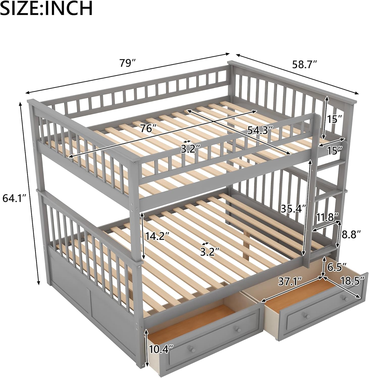 Gray Wood Full Over Full Bunk Bed with Drawers N328