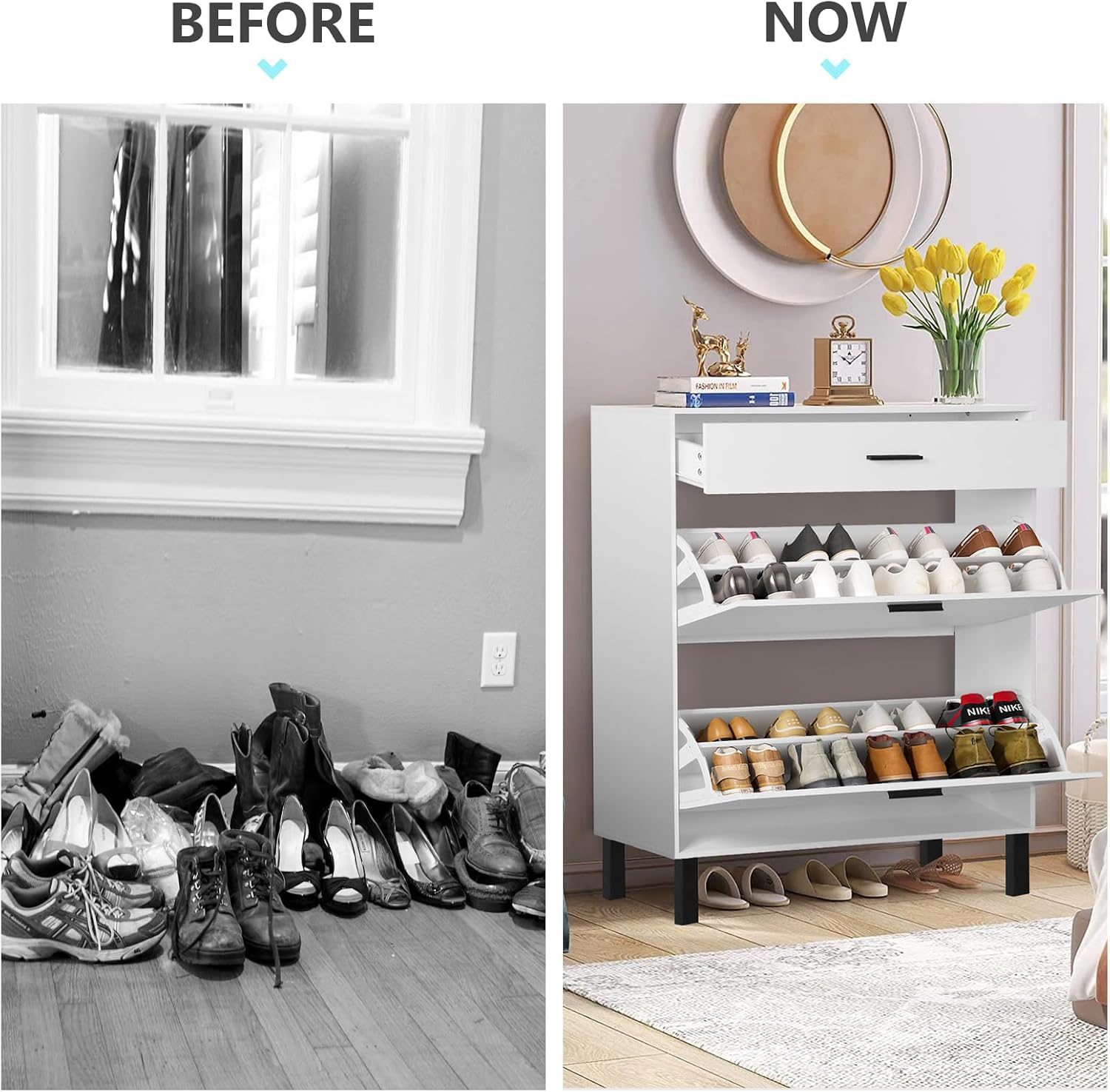 White Wooden Shoe Cabinet with 2 Flip Drawers T302185
