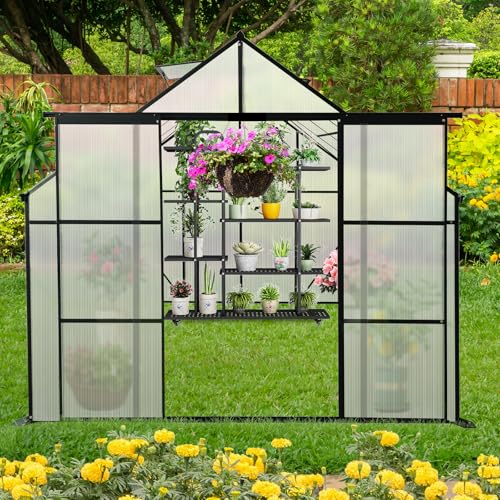 8x10FT Heavy-Duty Walk-in Greenhouse with Double Sliding Doors, Polycarbonate Panels, Aluminum Frame, Black X6013