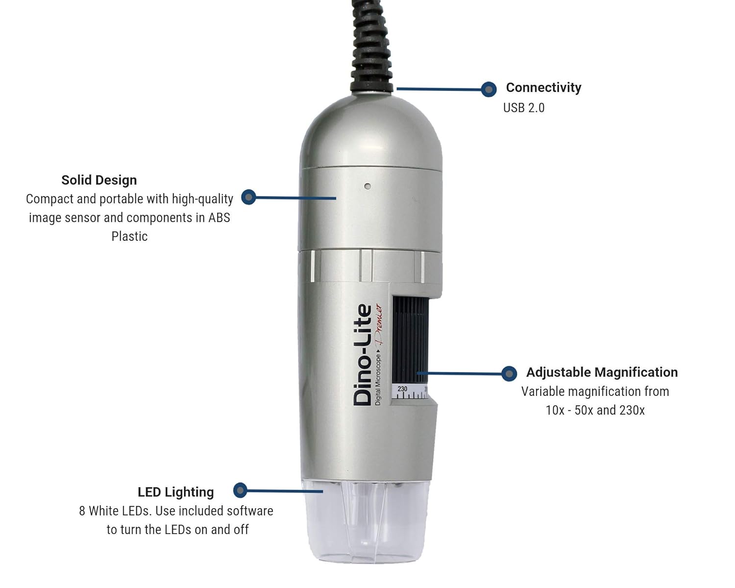 USB Digital Microscope, 10x - 50x, 230x Optical Magnification, 8 LEDs X9951