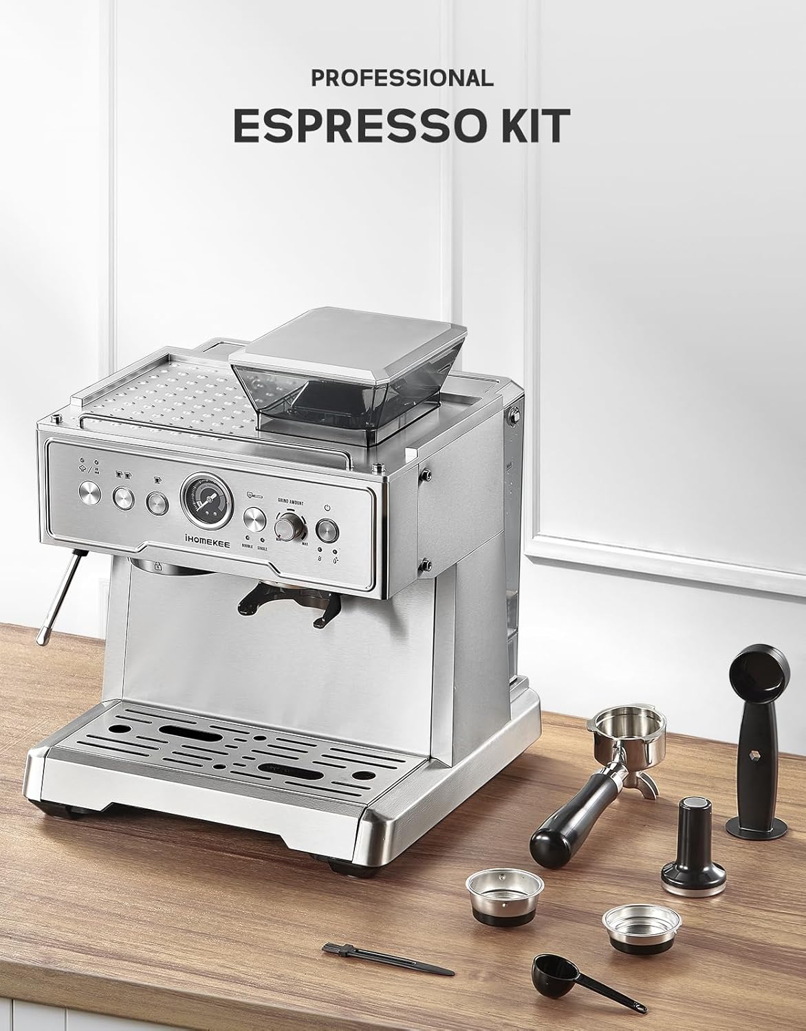20 Bar Semi-Automatic Espresso Machine With Grinder and Milk Frother, Brushed Stainless Steel Z137705