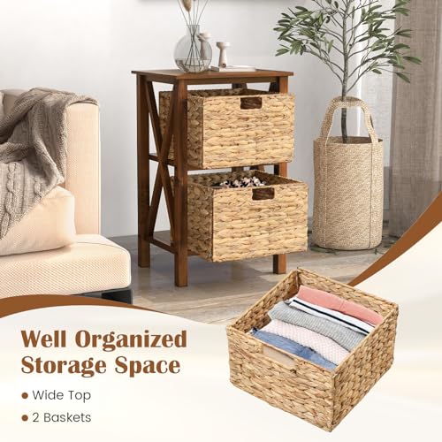 2-Tier Nightstand with Wicker Baskets Set of 2, Walnut U37222