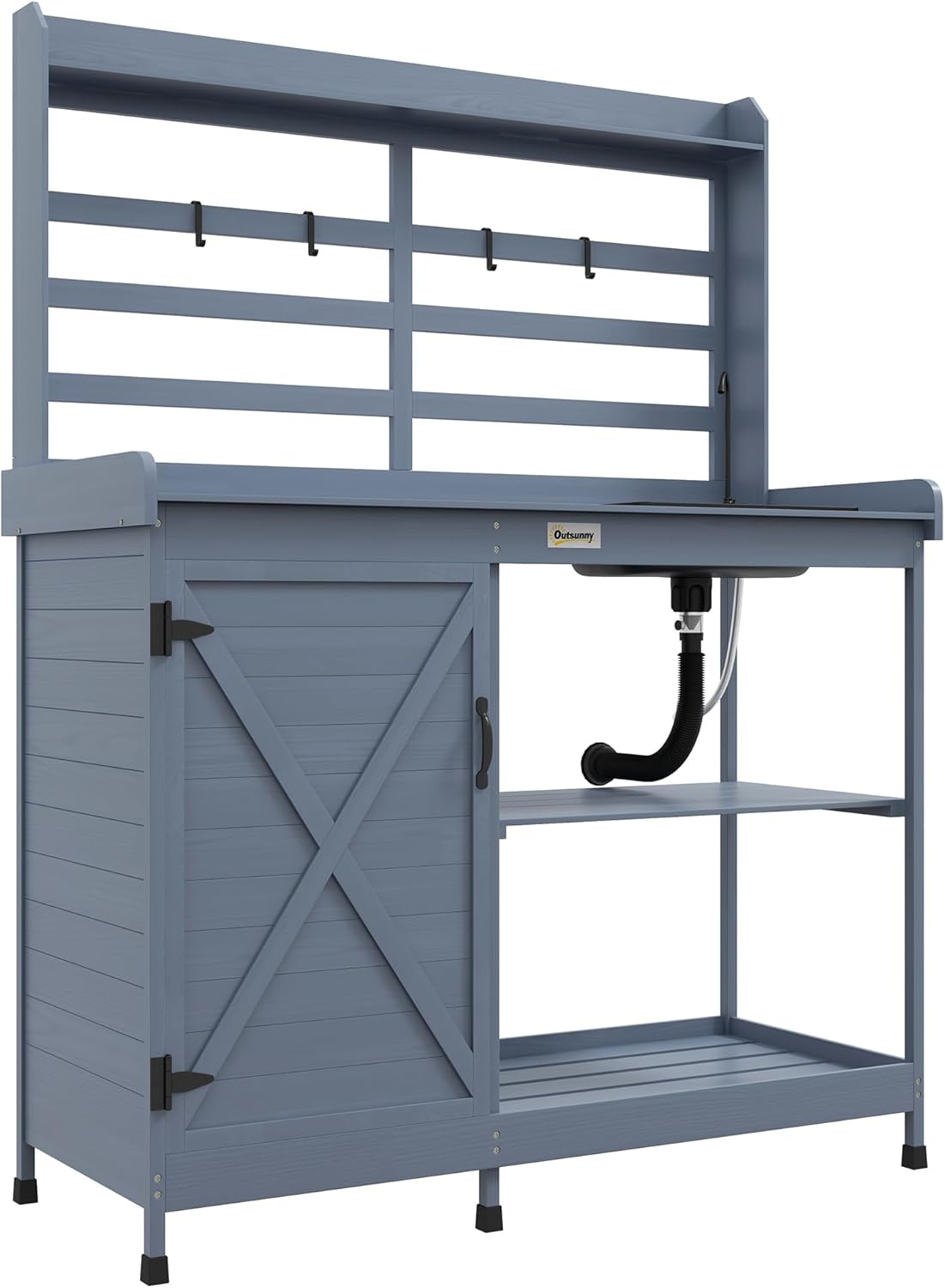 Gray Wooden Potting Bench with Storage Cabinet and Sink L1427