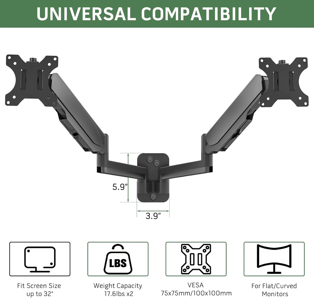 Dual Monitor Wall Mount for Two 17-32 inch Flat/Curved Screens, Height Adjustable Gas Spring, VESA 75/100 S619005