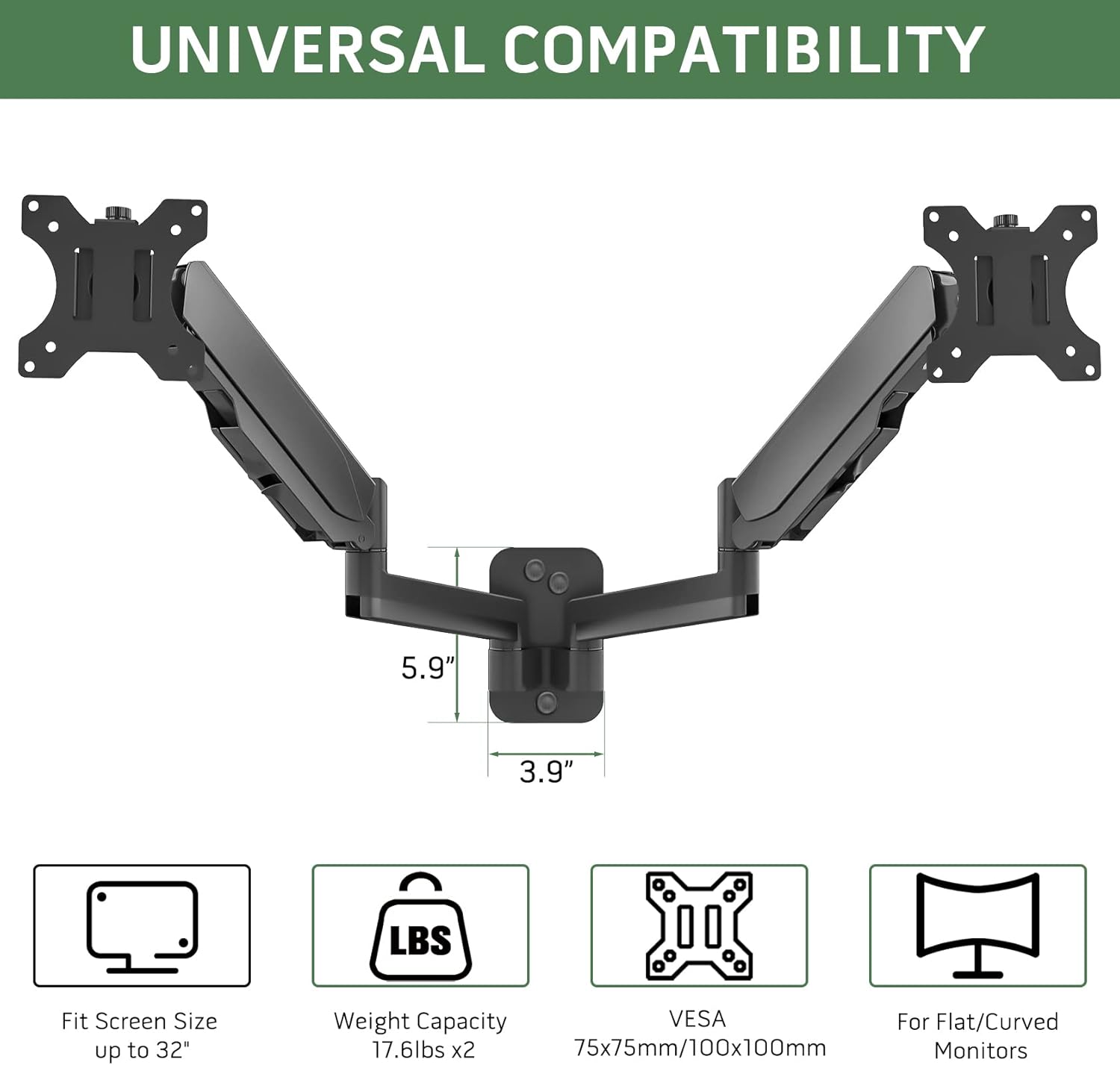 Dual Monitor Wall Mount for Two 17-32 inch Flat/Curved Screens, Height Adjustable Gas Spring, VESA 75/100 S619005