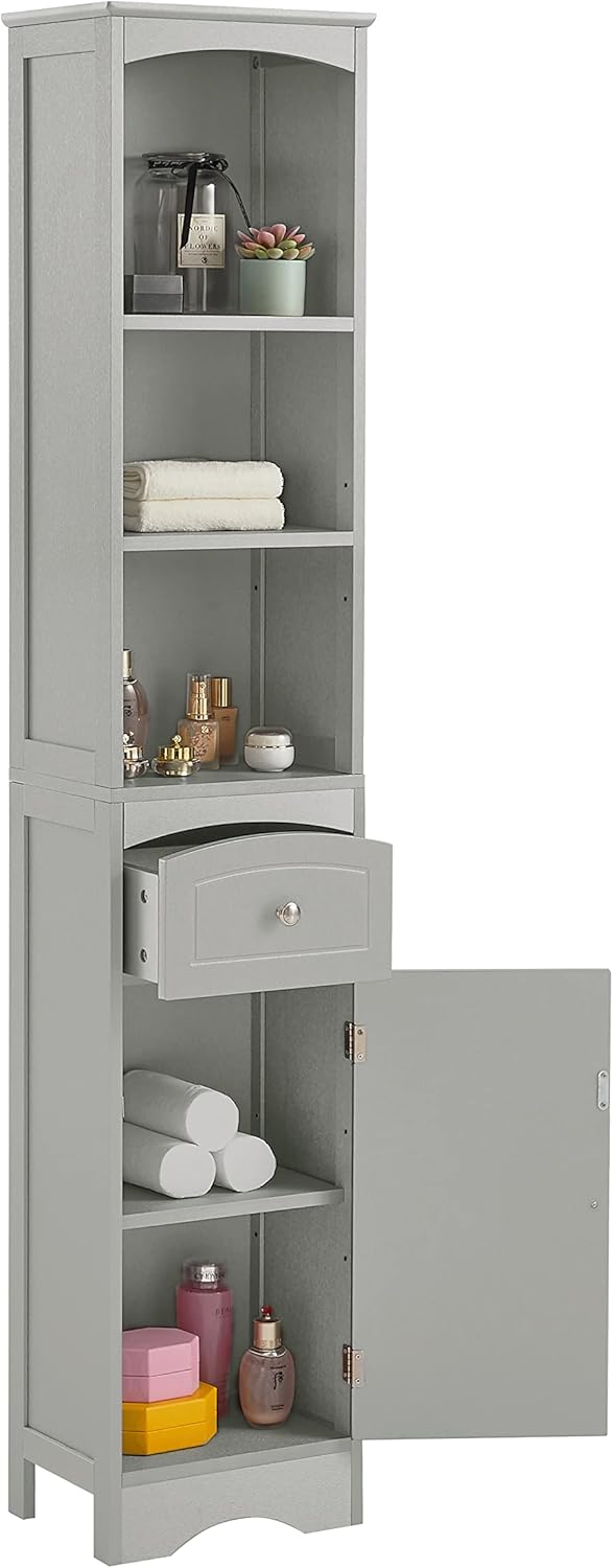 Grey Tall Slim Bathroom Storage Cabinet with 3-Tier Adjustable Shelf and 1 Drawer S365