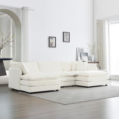 White Oversized Chenille Sectional Sofa with 2 Ottomans Q19689
