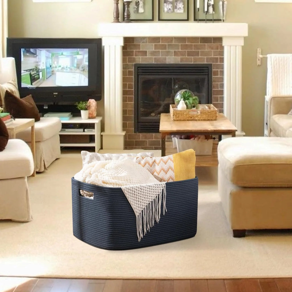 75L Large Woven Cotton Rope Blanket Storage Basket with Handle T4989