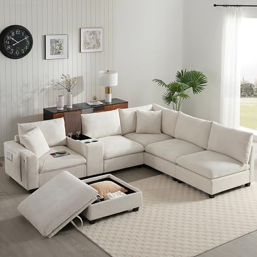 Oversized Modular Sectional Sofa with Storage Ottoman and Console, Gray W2490
