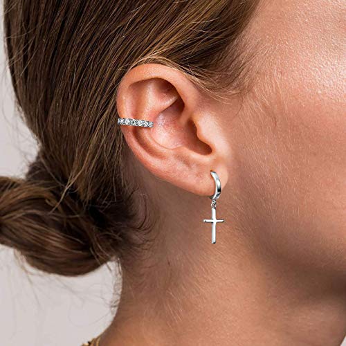 925 Sterling Silver Dainty Cross Huggie Hoop Earrings F26381