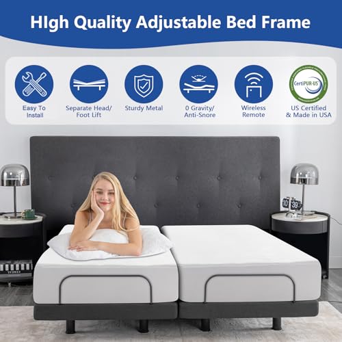 Split King Adjustable Bed Frame with Mattress, 12 Inch Grey Gel Memory Foam Medium-Firm Mattress E11119