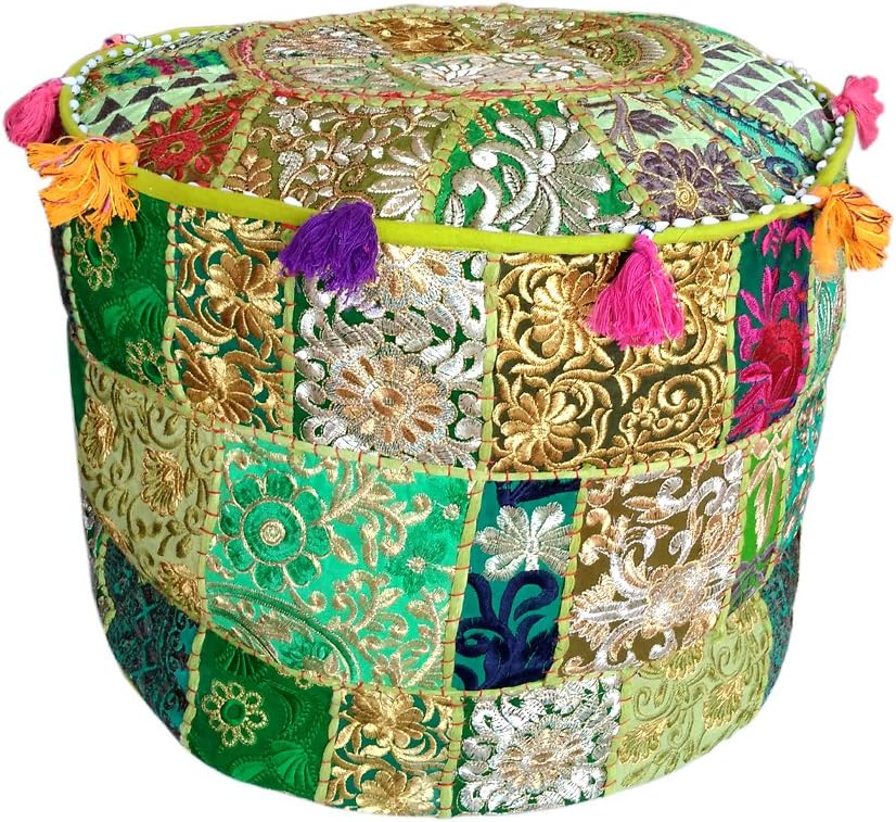Indian Round Patchwork Embroidered Cotton Pouf A232796