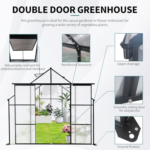 8x10FT Heavy-Duty Walk-in Greenhouse with Double Sliding Doors, Polycarbonate Panels, Aluminum Frame, Black X6013