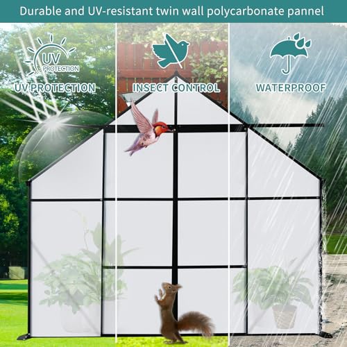 8x10FT Heavy-Duty Walk-in Greenhouse with Double Sliding Doors, Polycarbonate Panels, Aluminum Frame, Black X6013