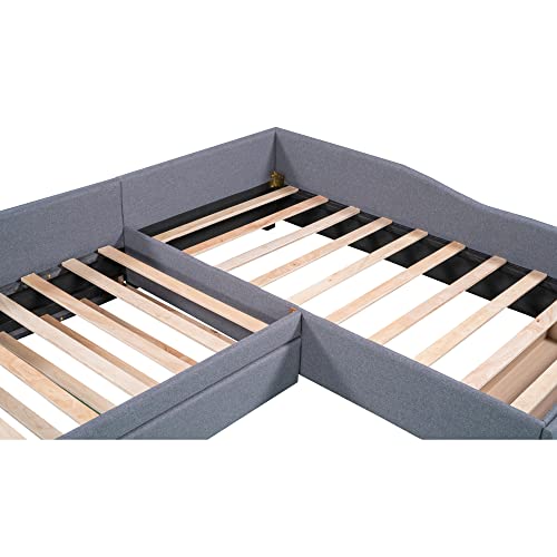 L Shaped Upholstered Double Size Daybed with Trundle and Storage Drawer, Gray Y462