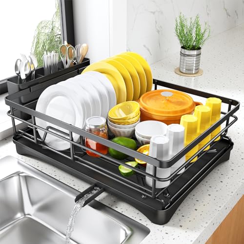 White Large Dish Rack with Drainboard and Utensil Holder S942790