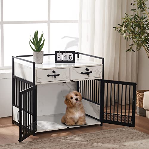 White Wooden Dog Crate End Table with Storage Drawers X227