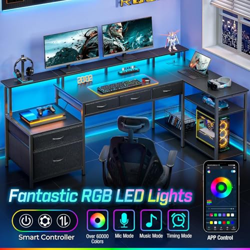 Black L Shaped Desk with File Drawers, Power Outlet & LED Lights D70872