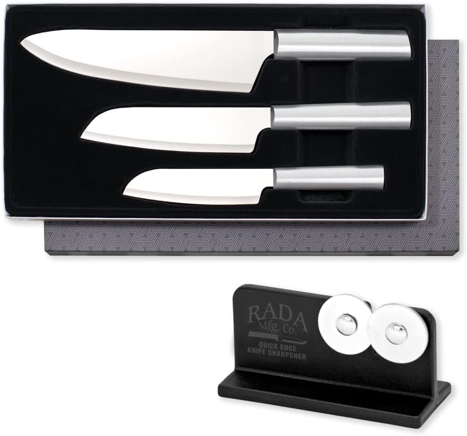 3-Piece Stainless Steel Knife Set with Aluminum Handles and Sharpener D55337