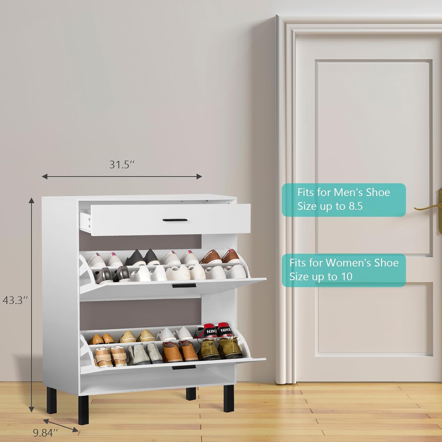 White Wooden Shoe Cabinet with 2 Flip Drawers T302185