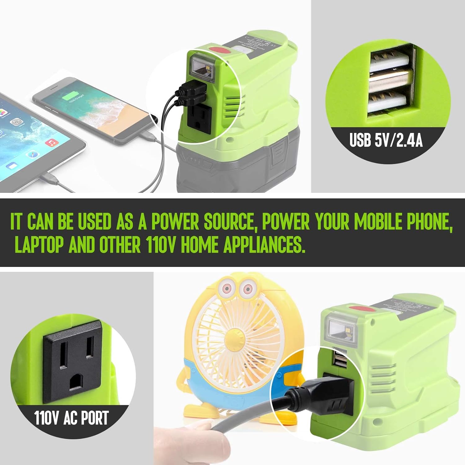 Portable Power Inverter Generator 150 Watt for 18V Battery to 110v/120v AC Output with USB Charger Adapter and LED Light Q747194