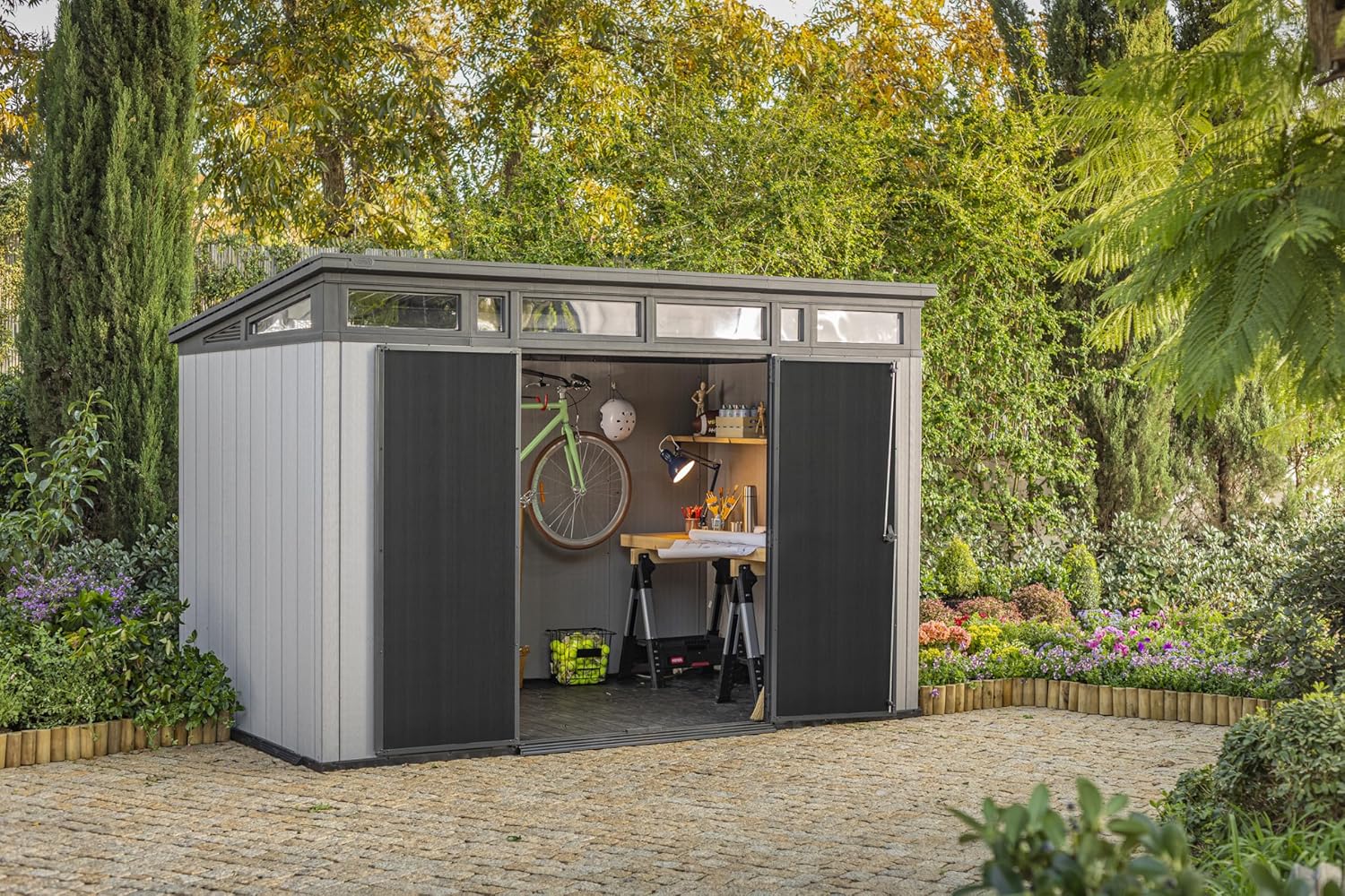 Grey & Black Resin Outdoor Storage Shed C498913