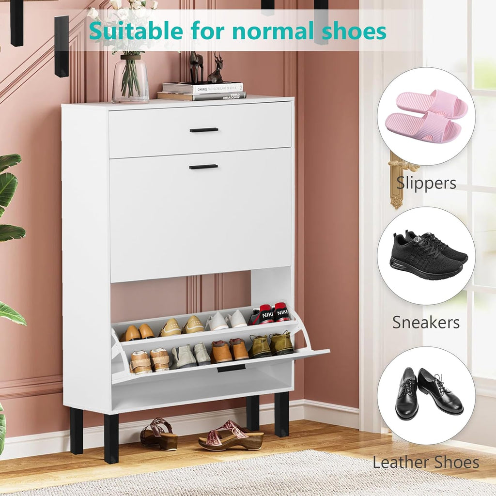 White Wooden Shoe Cabinet with 2 Flip Drawers T302185