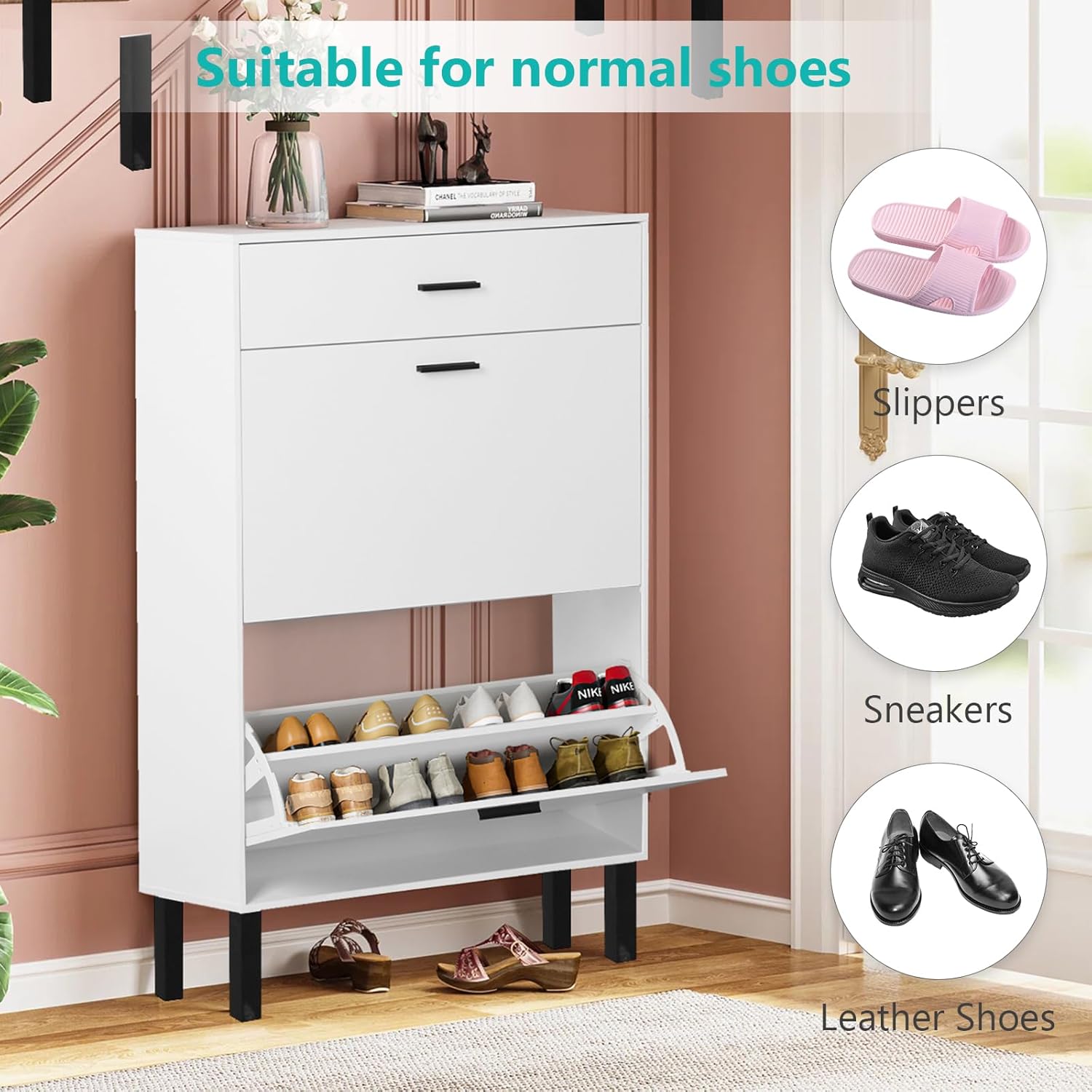 White Wooden Shoe Cabinet with 2 Flip Drawers T302185