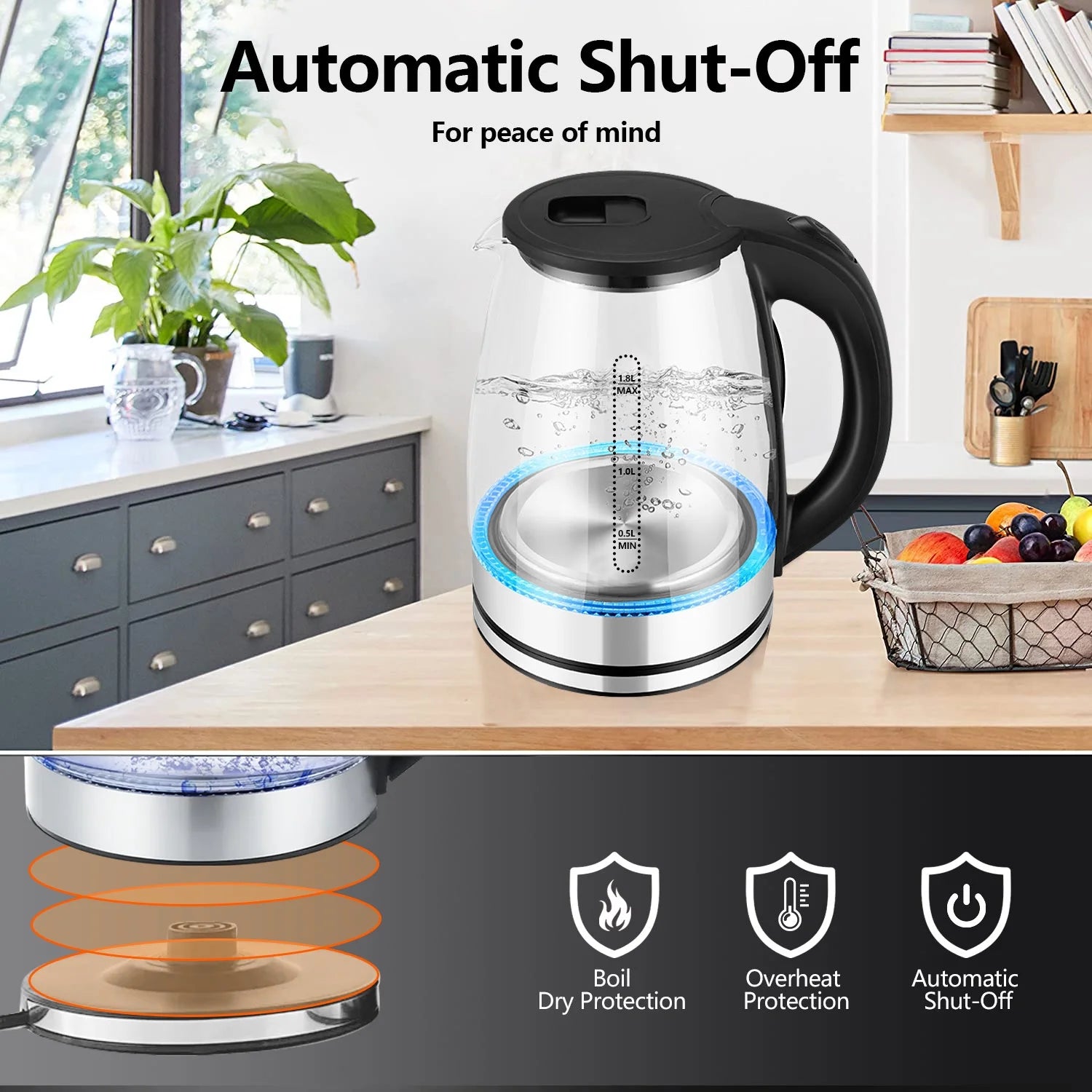1.8 Liter Glass and Steel Electric Kettle with Auto Shut-Off U735457