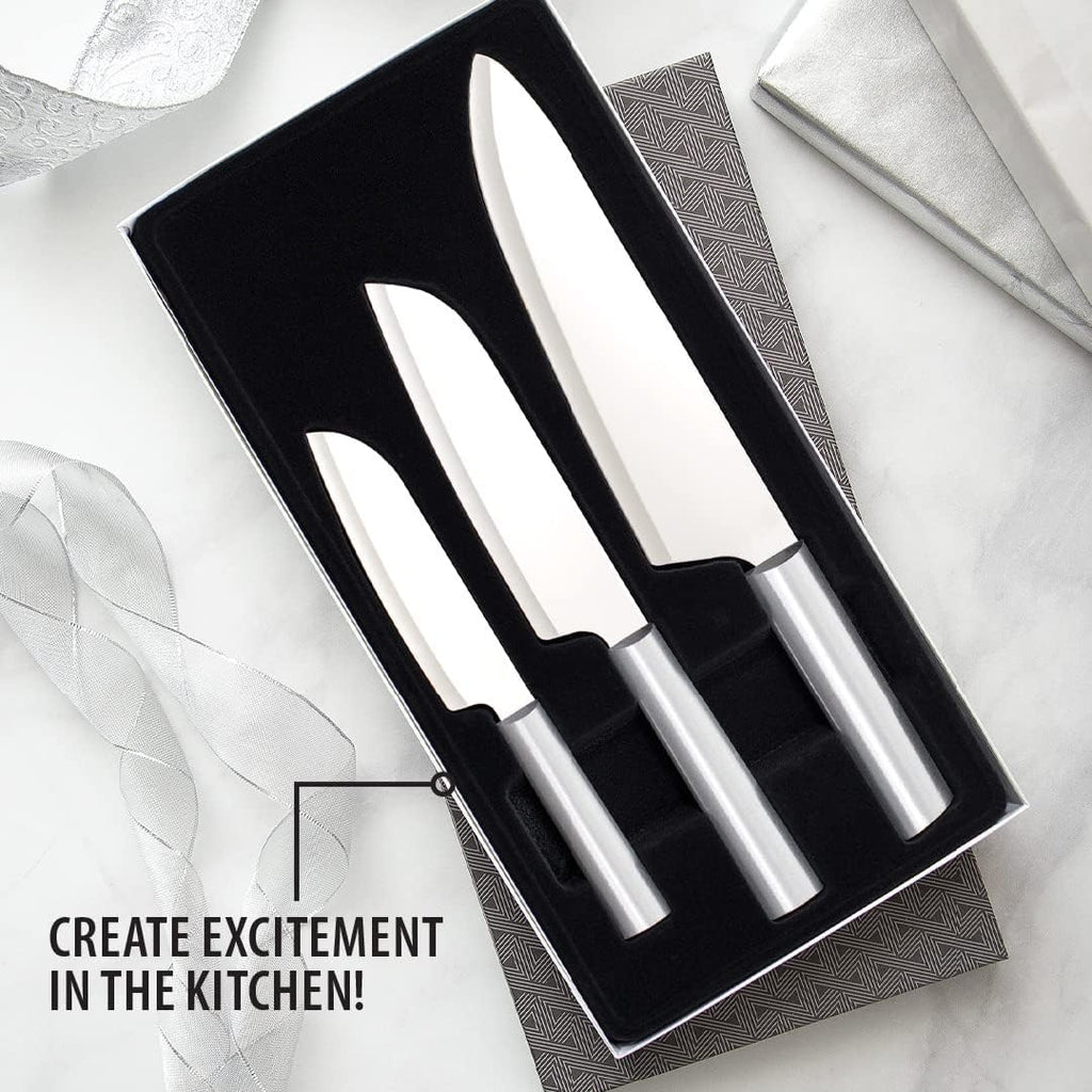 3-Piece Stainless Steel Knife Set with Aluminum Handles and Sharpener D55337