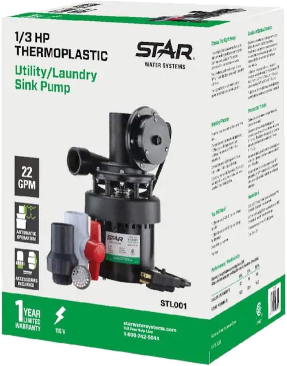 Automatic Utility Sink Pump, 1/3 HP, Heavy-Duty Thermoplastic, 115V E956104