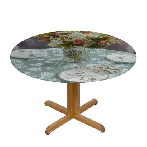 Round Vinyl Fitted Tablecloth with Flannel Backing Elastic Edge Design Table Cover T105