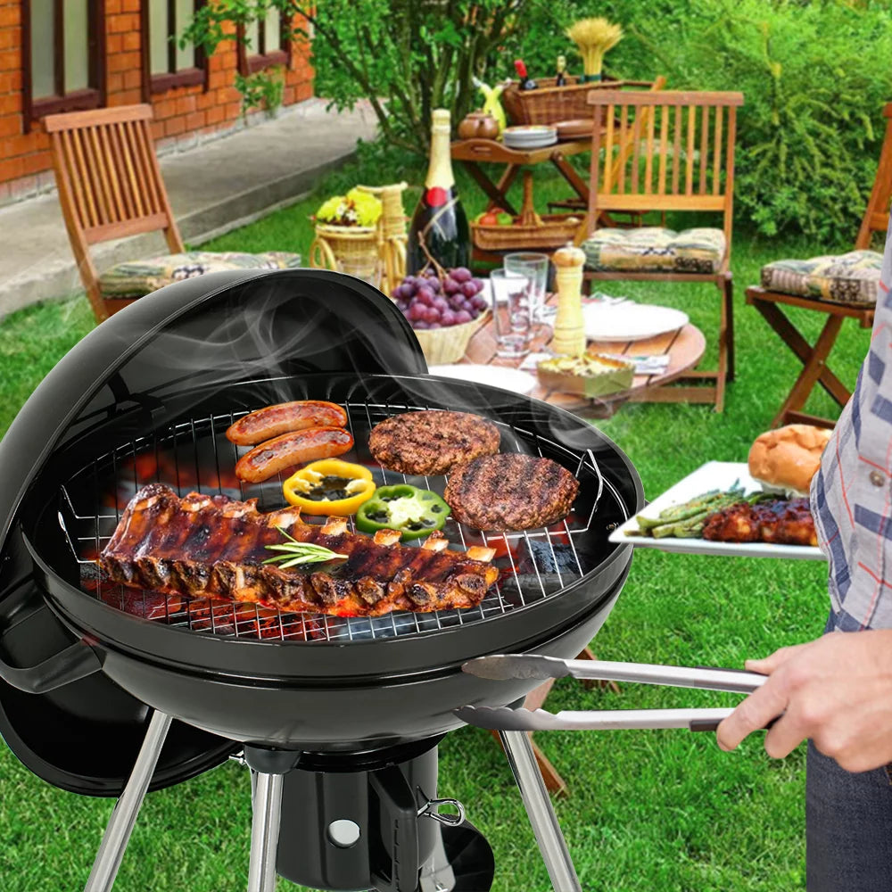22" Round Portable Charcoal Kettle Grill With 2 Wheels, Black A868