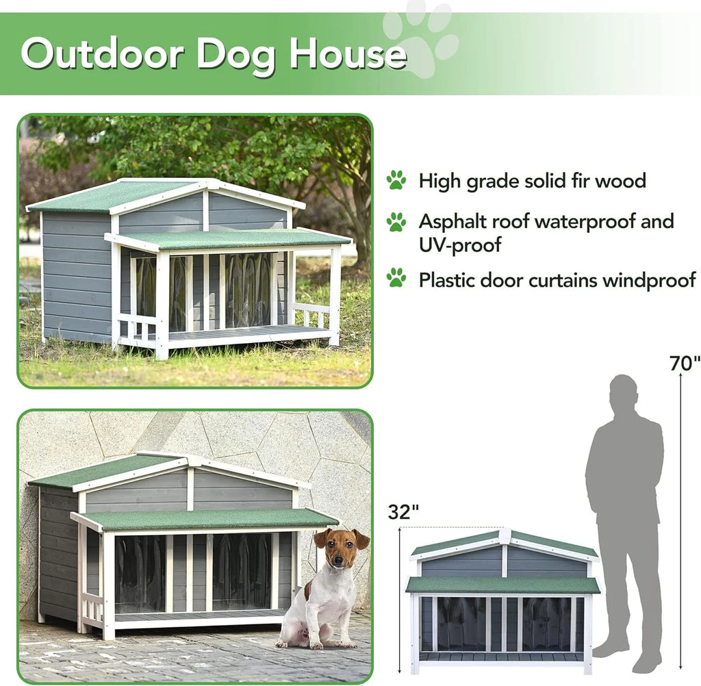 Gray Green Wooden Dog House with Porch 2 Doors S412