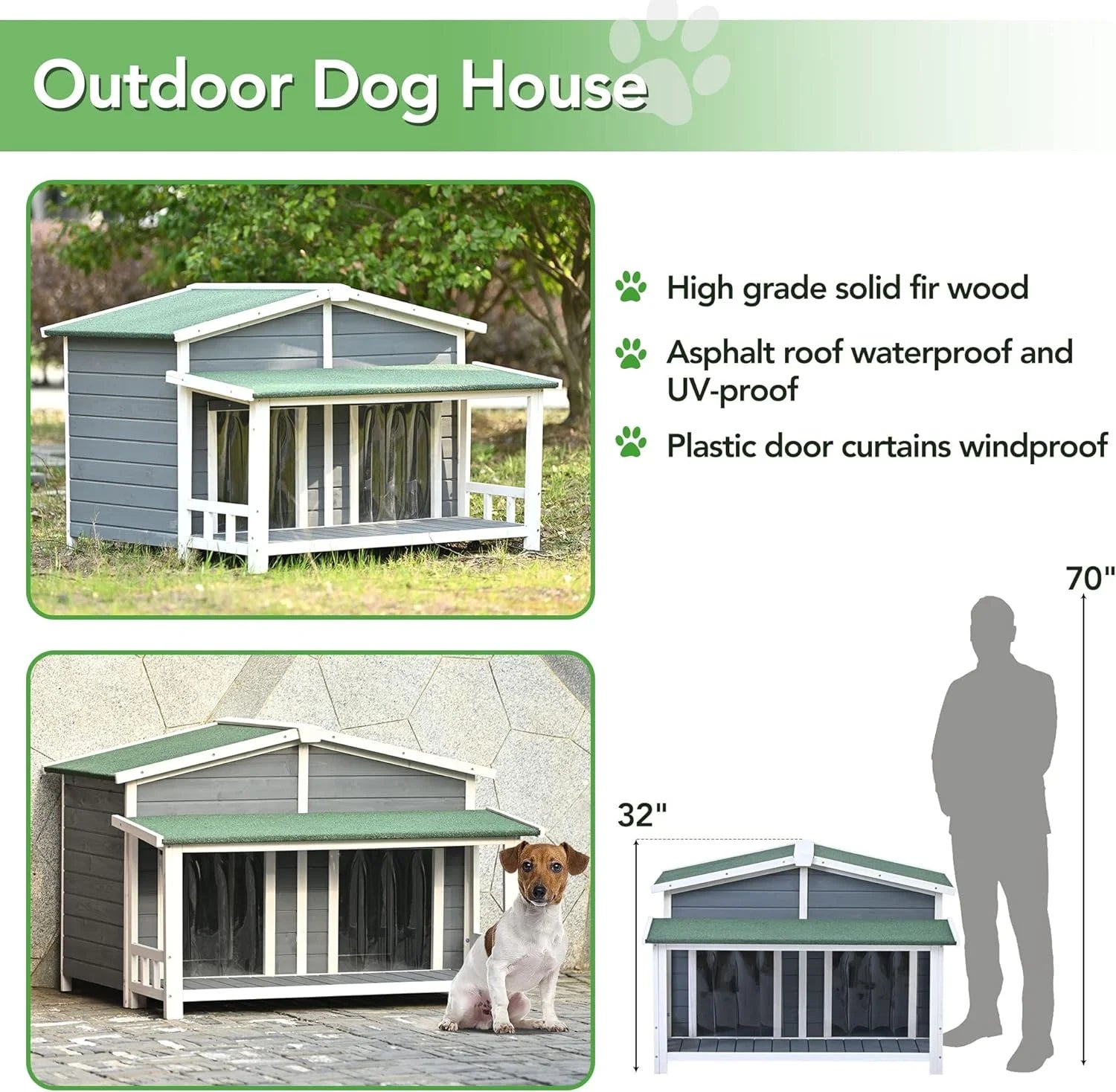 Gray Green Wooden Dog House with Porch 2 Doors S412
