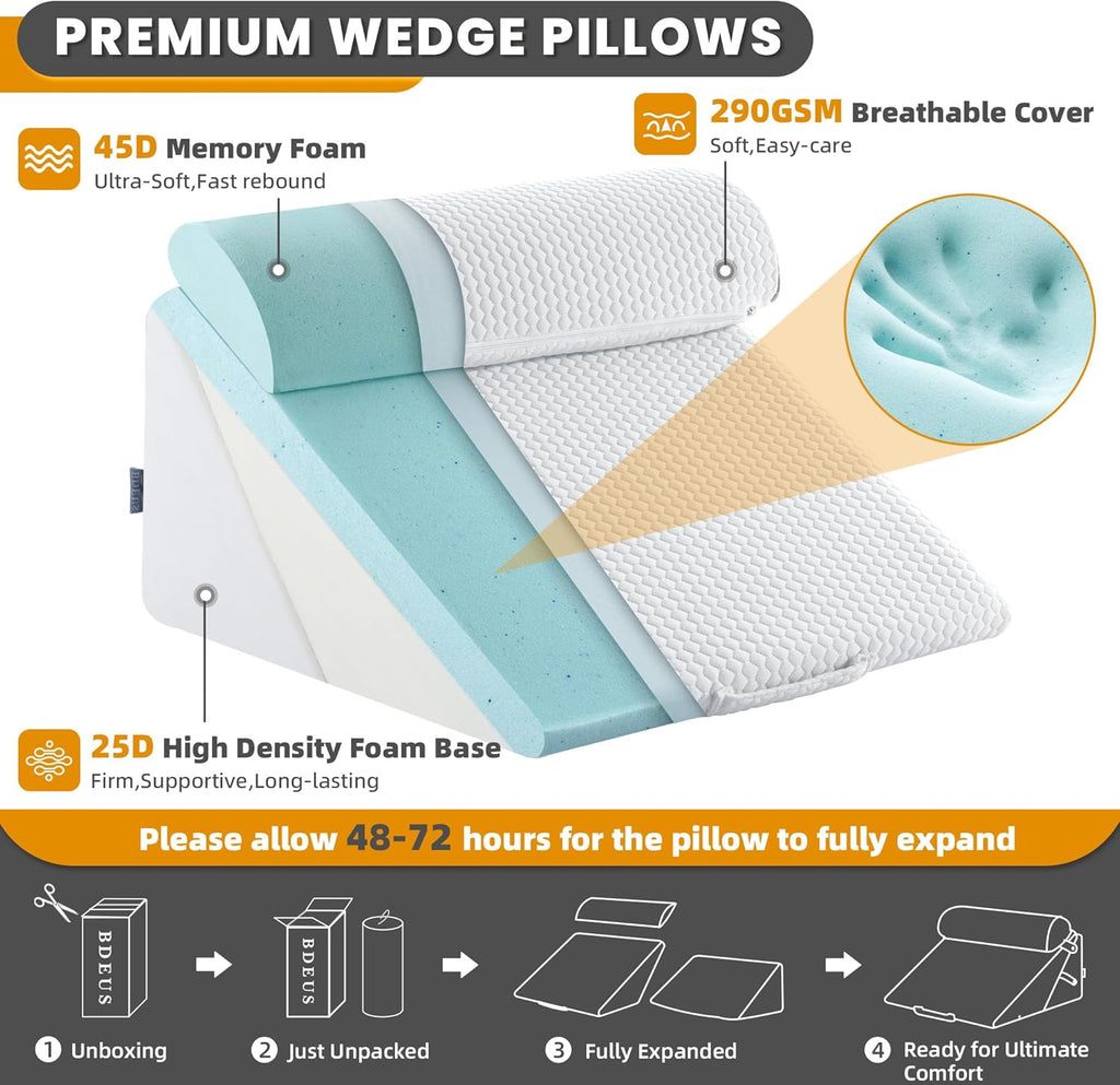 3PCS Adjustable Wedge Pillow with Memory Foam Bolster Pillow E17168